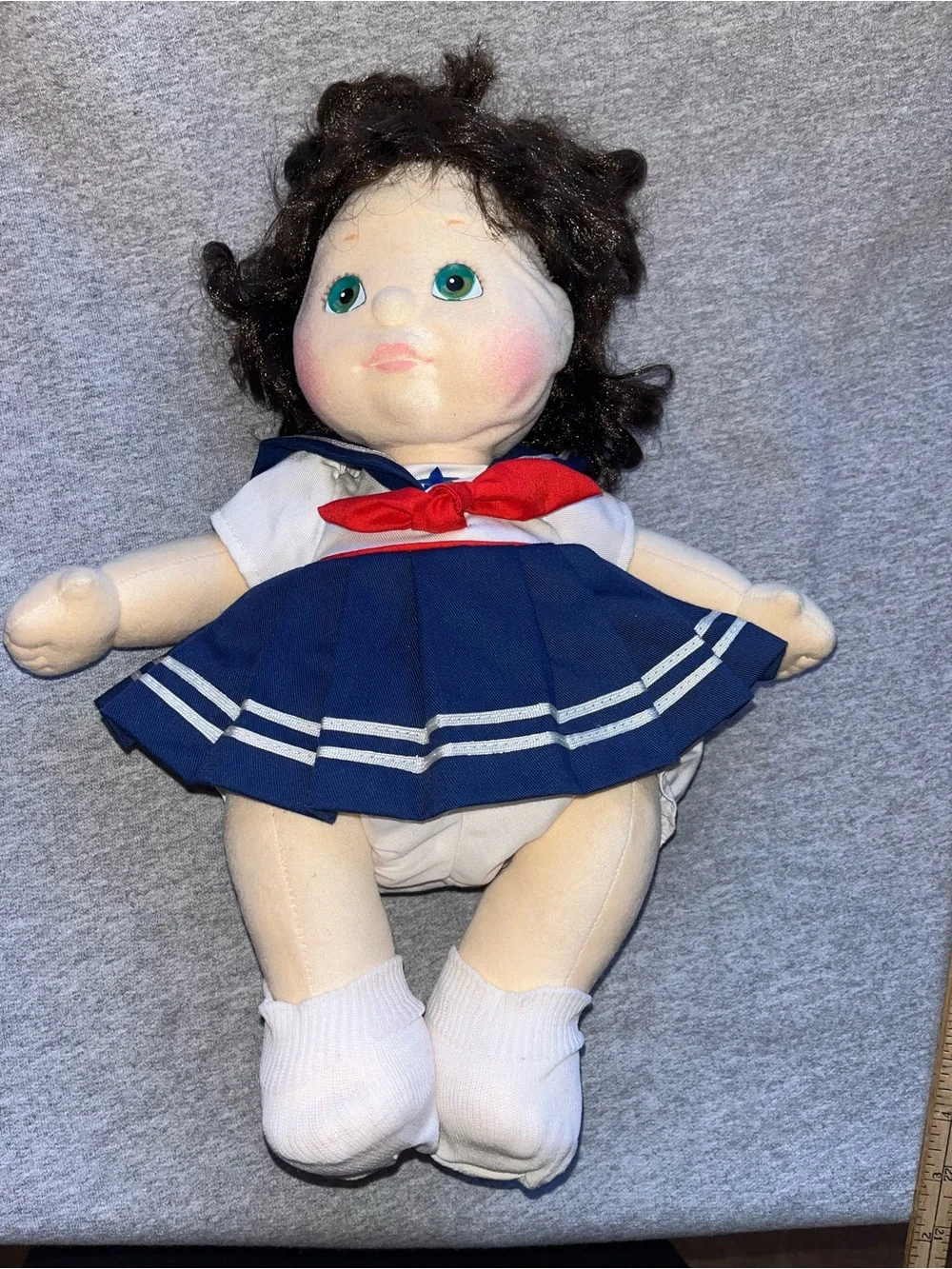 Vintage Mattel My Child Doll Brunette Curly Green Eyes Sailor Dress 1980’s
